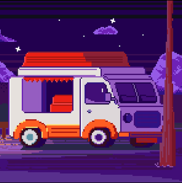 ночной рейс маршрутки в пиксельном стиле